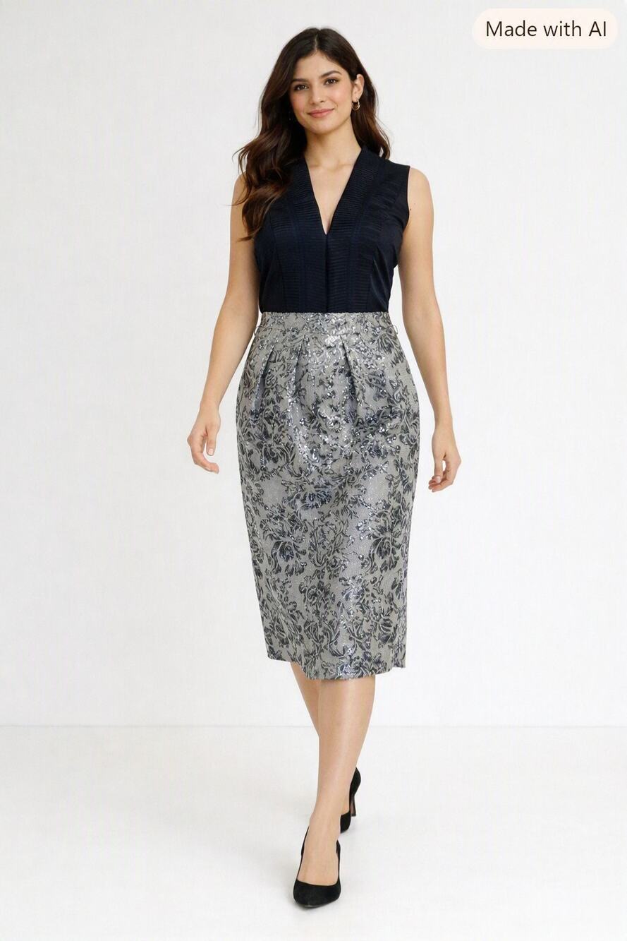 BCBGMAXAZRIA Pleat Ruffle Silver Brocade Dress Size 10
